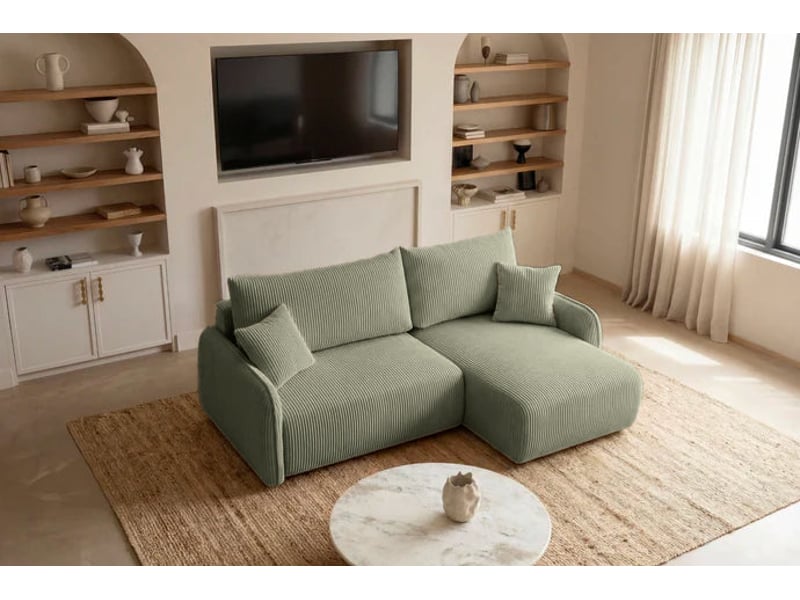 Sacha - canapé d'angle convertible petit velours côtelé 3 places vert - Conforama D