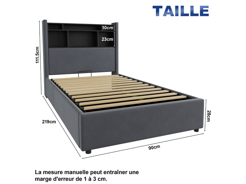 Lit simple 90×200 cm, led, prises et rangements ouverts en tête de lit, lit rembourré avec veilleuse, sans matelas - gris - Conforama D
