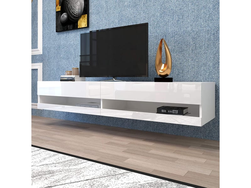  Meuble tv bas 140x40x30,5cm a led blanc, meuble tele de haute qualité avec d'espace de rangement pour votre salon avec éclairage led  - Conforama A