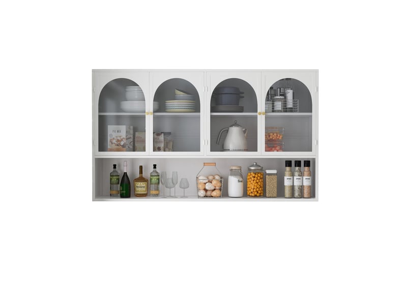 Armoire murale suspendue 120cm blanc en fer et verre à 4 portes avec vitrine - Conforama A