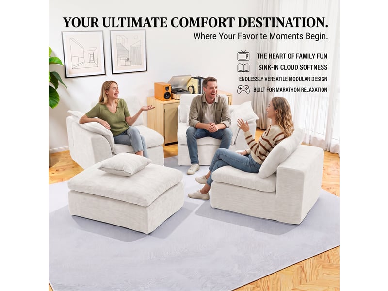  Canapé modulable 4 places 246x90 cm, canapé d'angle convertible avec pouf mobile, assise profonde en chenille beige OMNIGLINT TRADING LTD - Conforama E