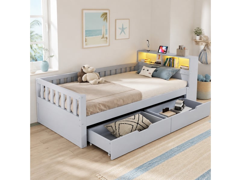  Lit simple 90 × 200 cm avec 2 tiroirs, rangements ouverts, led, prises usb et usb-c, barrières de sécurité, gris  - Conforama B