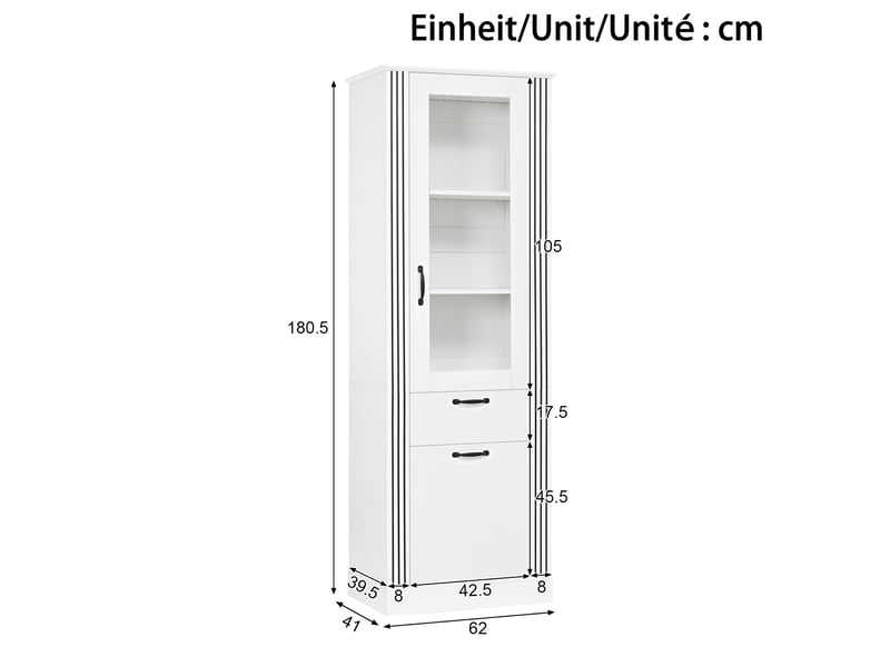 Vitrine haute 62x41x180 cm, éclairage led, commande par application, portes vitrées, porte miroir pour salon et séjour - blanc  - Conforama C