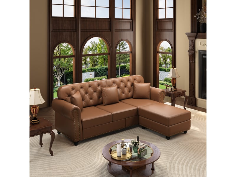 Canapé chesterfield 3 places 210x76x86 cm, canapé de salon, pouf inclus, mousse et ressorts ensachés, dossier capitonné, pu - marron CozyNest - Conforama E
