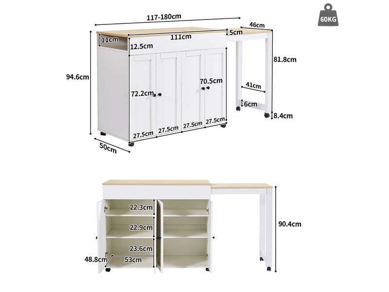 Table bar extensible avec rangement 117-180 x 50 x 94,6 cm en mdf blanc - Conforama C