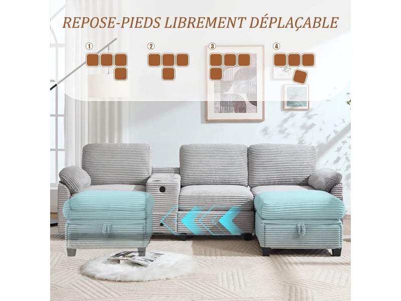  Canapé 3 places gris clair en velours côtelé avec usb-c 266 cm et ottomane de rangement mobile  - Conforama D