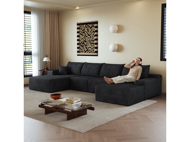 Canapé modulable noir en l avec méridienne, assise profonde, sans montage pour salon - Conforama E