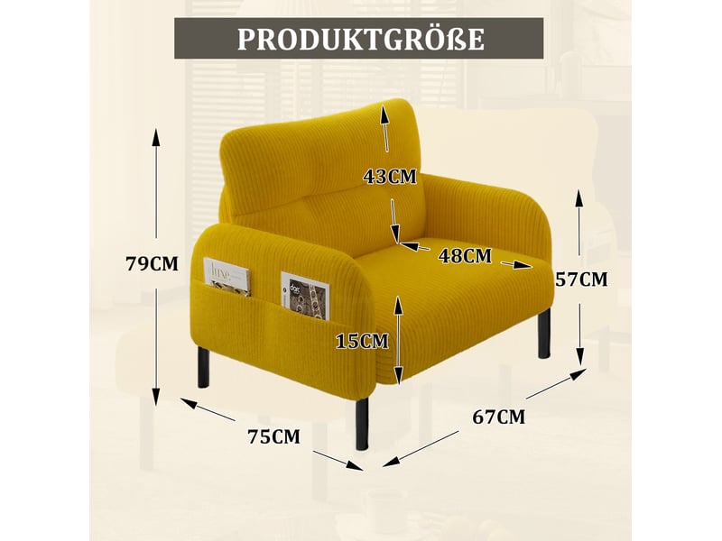  Fauteuil en velours côtelé jaune avec poches latérales  - Conforama E