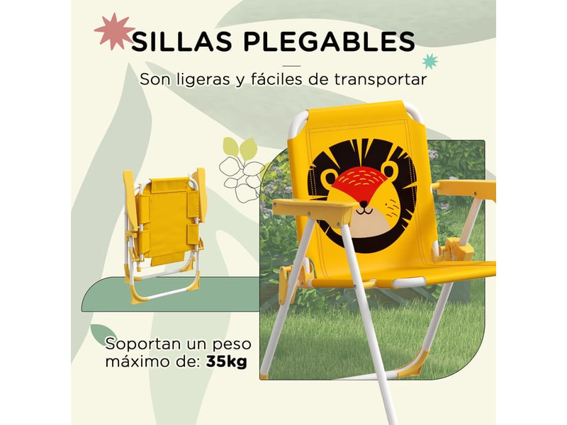  Ensemble de 2 chaises pliantes et une table pour enfants, table de jardin à hauteur réglable sur le thème du lion avec parasol, jaune  - Conforama E