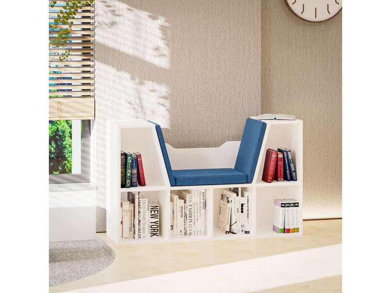  Étagère avec siège intégré, bibliothèque à 6 compartiments, coussin pour salon ou chambre, 102 x 30 x 61 cm, blanc et bleu  - Conforama D