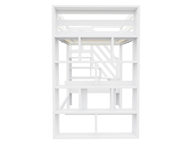Lit mezzanine 90x200cm avec étagères, escalier de rangement, barrières de sécurité, éclairage led et sommier à lattes, bois, blanc evarich - Conforama D