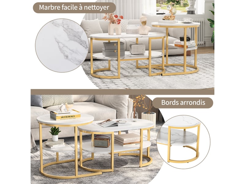  Table basse ronde gigogne 2 niveaux avec rangement, pour salon, plateau effet marbre en mdf, structure en métal doré  - Conforama E