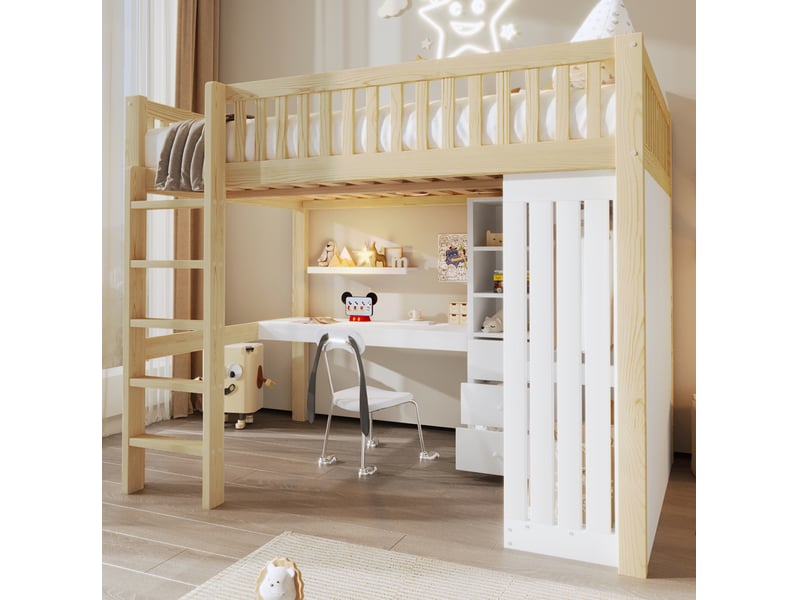  Lit mezzanine combiné 140x200 cm avec bureau, armoire, tiroirs, blanc et naturel  - Conforama E