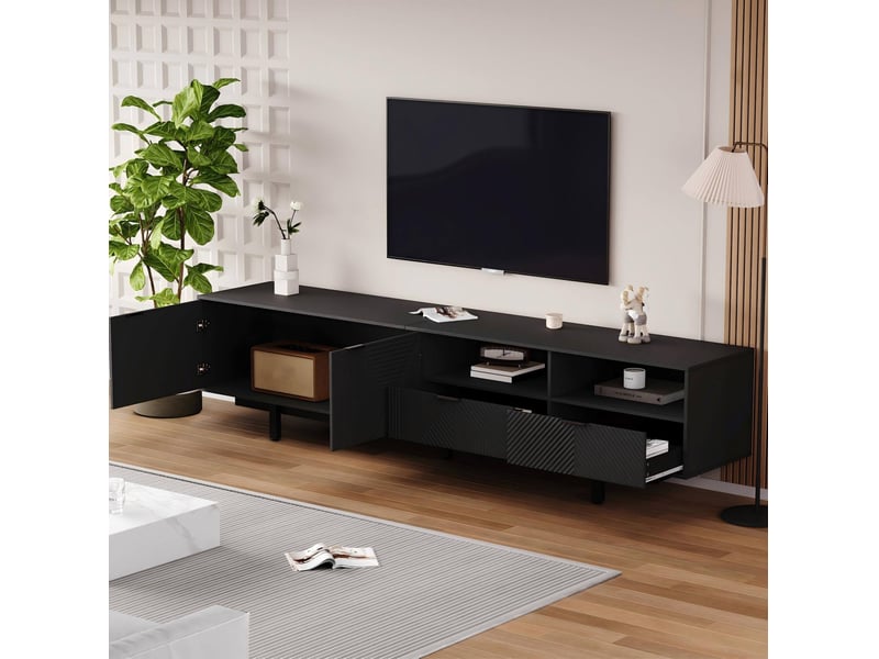  Meuble tv noir 200 x 40 x 51 cm avec rangements, portes, passe-câbles et 5 pieds métal  - Conforama B