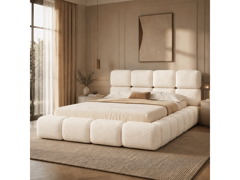  Lit coffre 180 × 200 cm, tissu bouclé, tête de lit rembourrée, rangement sous sommier à lattes relevable, blanc  - Conforama B