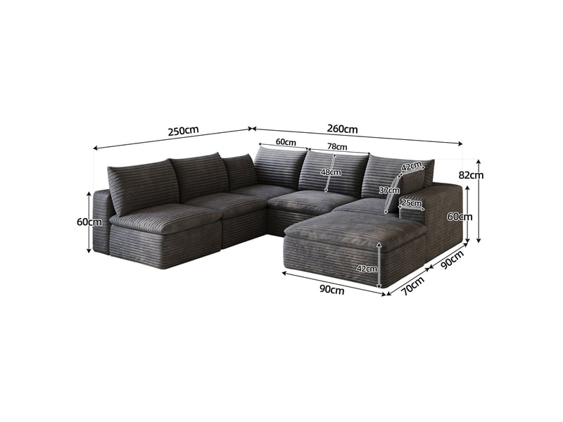  Canapé modulable tcqpz 260 x 250 cm 6 places en velours côtelé gris foncé double couche sans montage  - Conforama C