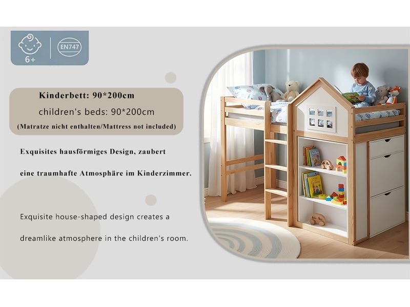  Lit mezzanine enfant 90x200cm avec étagères et 3 tiroirs - lit enfant - forme cabane escalier sécurisé pin massif blanc naturel  - Conforama D