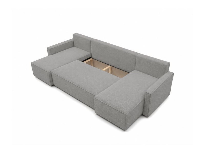  Farah - canapé d'angle panoramique convertible 6 places accoudoirs slim en tissu bouclettes texturées  - Conforama D