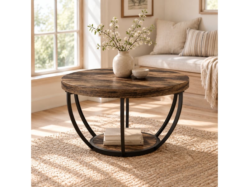  Table basse ronde à 2 niveaux, plateau en panneau de bois composite, finition rustique  - Conforama B