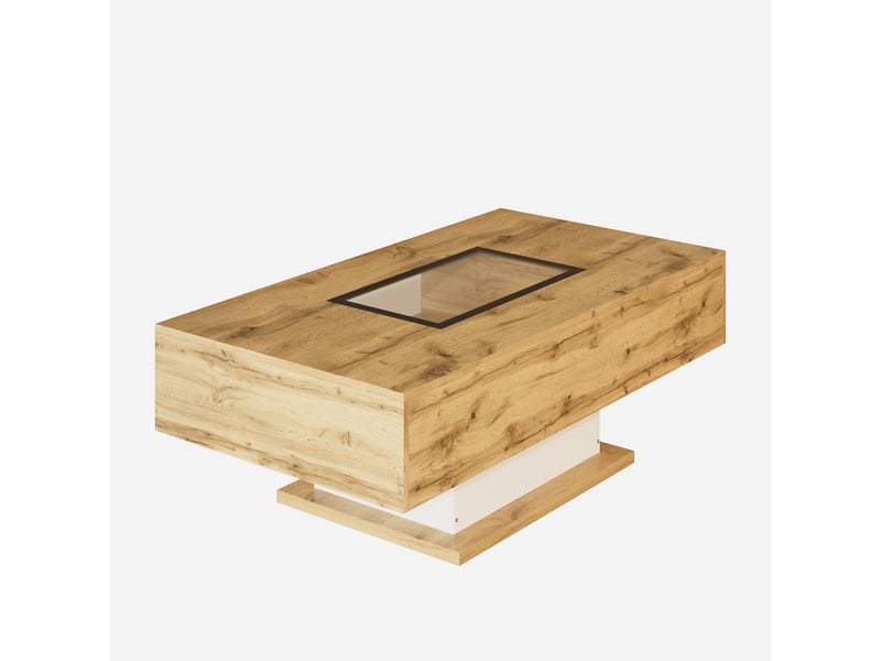  Table basse 110,2x60x39,7 cm avec led et verre, 2 tiroirs et niche centrale, panneaux de particules, décor chêne et blanc ABC - Conforama A
