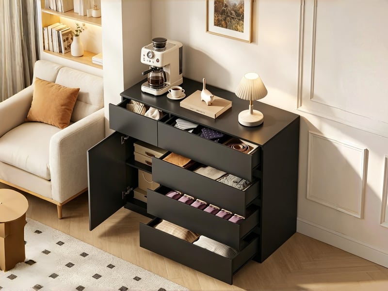  Commode à 5 tiroirs et 1 porte, 100 x 40 x 80 cm, étagère réglable et façades sans poignées, noir  - Conforama B