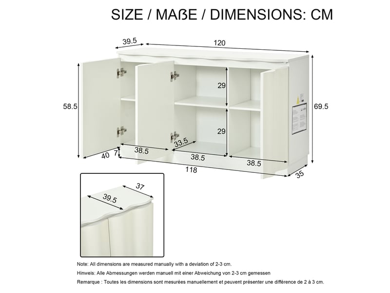 Buffet 120x35x69,5 cm avec led rgb bluetooth et commande par application, meuble de rangement à façade ondulée, 3 portes et étagères réglables, blanc Seren Glow - Conforama C
