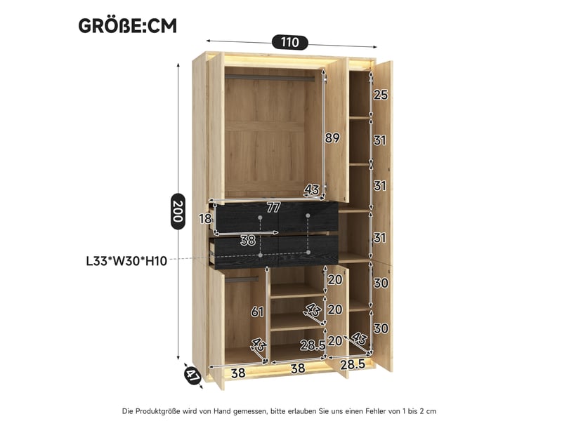  Armoire 110x47x200 cm avec miroir, led, 4 tiroirs, décor chêne et anthracite  - Conforama C