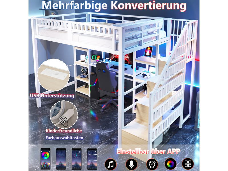 Lit mezzanine métal blanc 140x200 cm avec bureau led usb rangement échelle - Conforama B