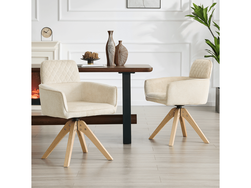 Chaise de salle à manger 2 pièces tissu à motif losange crème chaise repas pivotantes à 360° style wabi-sabi pieds en bois massif structure de soutien carrée - Conforama B