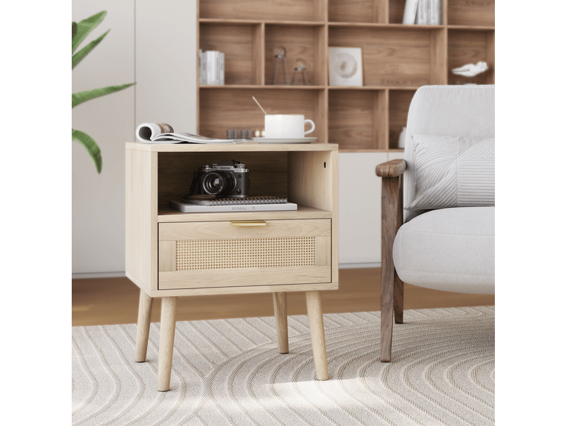  Table de chevet  45 x 40 x 55,5 cm avec tiroir en rotin, niche ouverte, décor chêne  - Conforama B