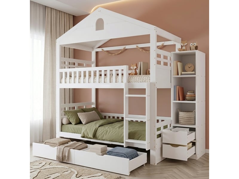 Lit superposé 3 places 90 x 200 et 140 x 200 cm avec usb, lit familial en bois massif avec lit gigogne et rangements, sommiers inclus, noir - Conforama B