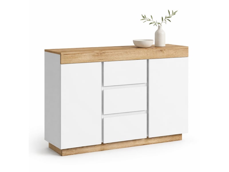  Commode avec 3 tiroirs et 2 portes, style classique, pour chambre et salon, panneau de particules blanc chêne  - Conforama A