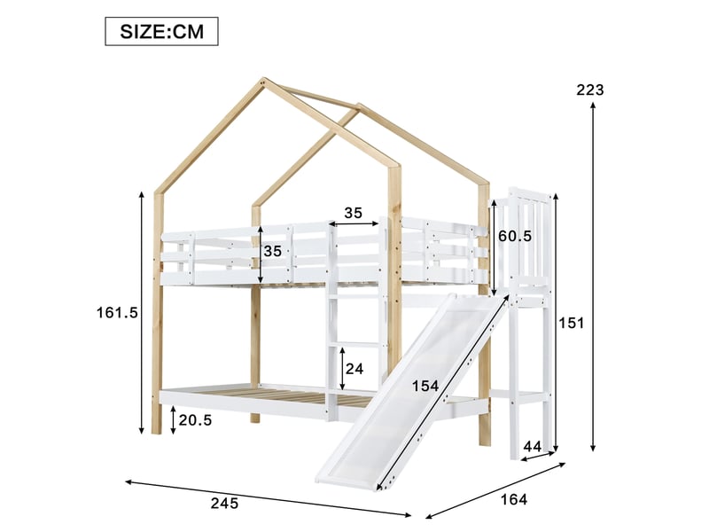  Lit superposé maison, 90x200 cm, 2 tiroirs, lit enfant avec toboggan, matelas non inclus, mdf, coloris blanc et naturel  - Conforama C
