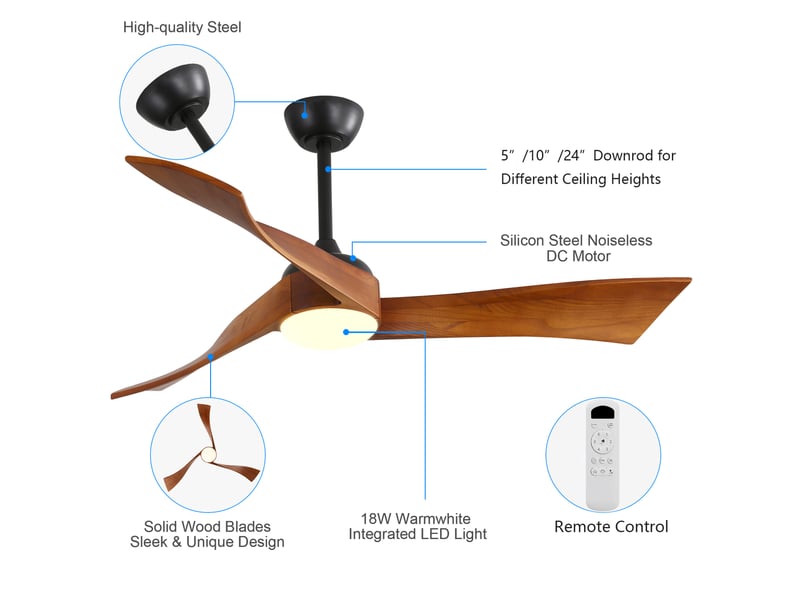  Ventilateur de plafond avec lumière 132x132x42 cm, 6 vitesses, télécommande, moteur cc, métal et bois, noir  - Conforama D