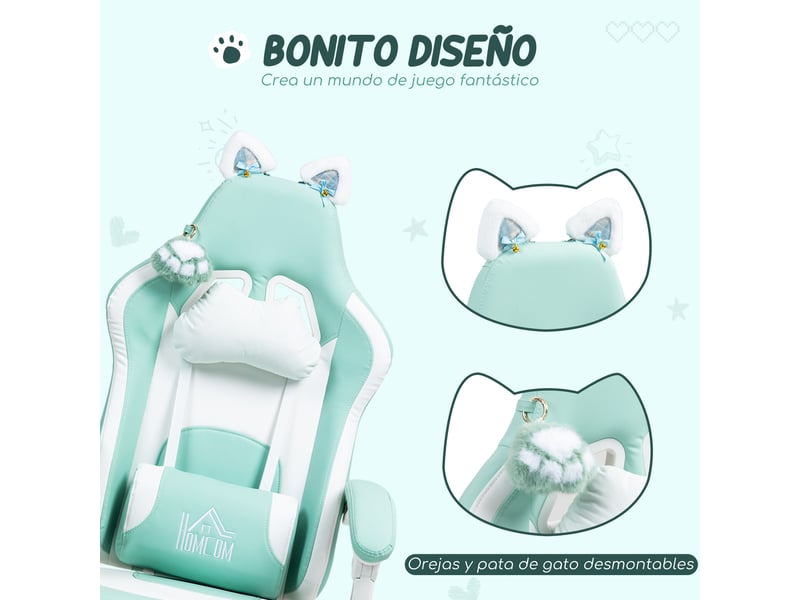  Fauteuil de jeu inclinable avec hauteur réglable, repose-pieds rétractable, soutien lombaire et appui-tête amovible, vert menthe  - Conforama E