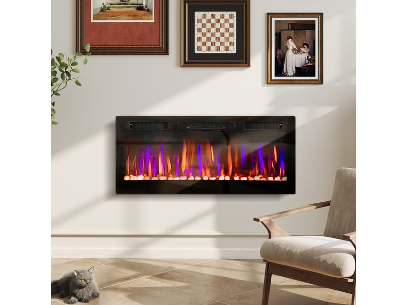 Cheminée électrique encastrable ultra-mince avec flamme 3d, luminosité et vitesse réglables, 12 couleurs de galets, 9001800 w - Conforama D