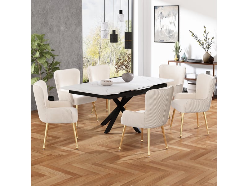 Chaises de salle à manger lot de 6 avec accoudoirs et soutien lombaire - pieds réglables, velours beige et doré - Conforama B