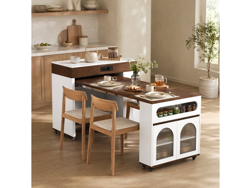  Desserte de cuisine extensible avec 1 tiroir, portes vitrées, roulettes et prises intégrées pour cuisine et salle à manger  - Conforama C