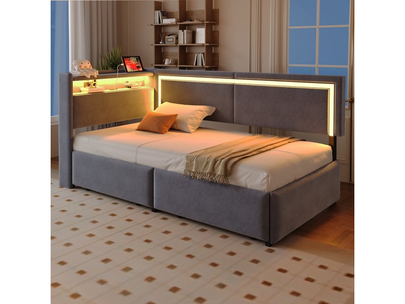  Canapé-lit 90x200 cm avec éclairage led et port usb, lit simple avec tête de lit en velours et tiroirs de rangement, gris foncé  - Conforama C