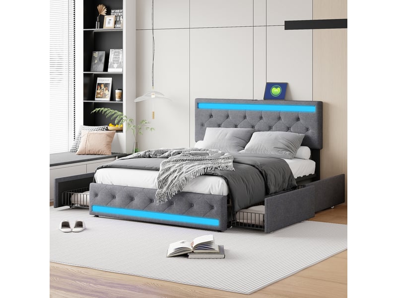  Lit double 140x200 cm en lin gris foncé avec 4 tiroirs, led via app et télécommande, usb intégré.  - Conforama B