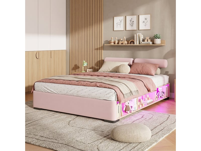  Lit enfant 140x200 cm - avec étagère latérale led, niches de rangement ouvertes et appuis-tête modulables sur 3 côtés – velours  – rose  - Conforama D
