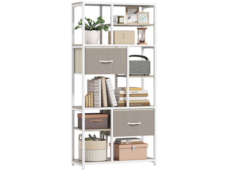 Étagère de rangement 6 niveaux, bibliothèque avec 2 tiroirs en tissu, 9 étagères ouvertes, 72,5 x 30 x 150 cm, blanc - Conforama A