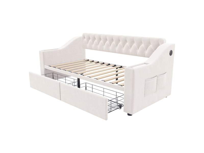  Lit canapé velours beige 90x190 cm avec accoudoirs usb, rangements et tiroir  - Conforama D