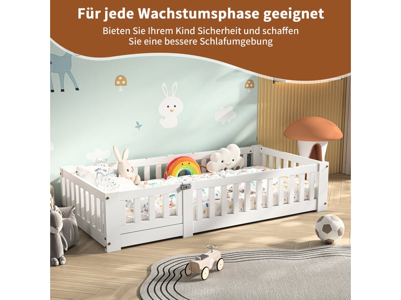 Lit au sol enfant 80x160, lit montessori au sol en bois massif avec barrière de sécurité et sommier à lattes - Conforama E