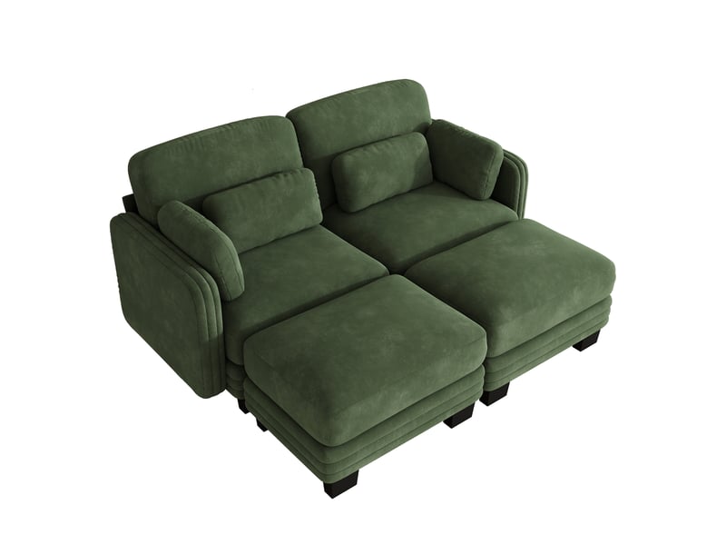 Canapé droit modulable 176 cm 2 places avec 2 poufs, coussins d’accoudoir amovibles, coussins lombaires épais à soutien renforcé, chenille, vert - Conforama A