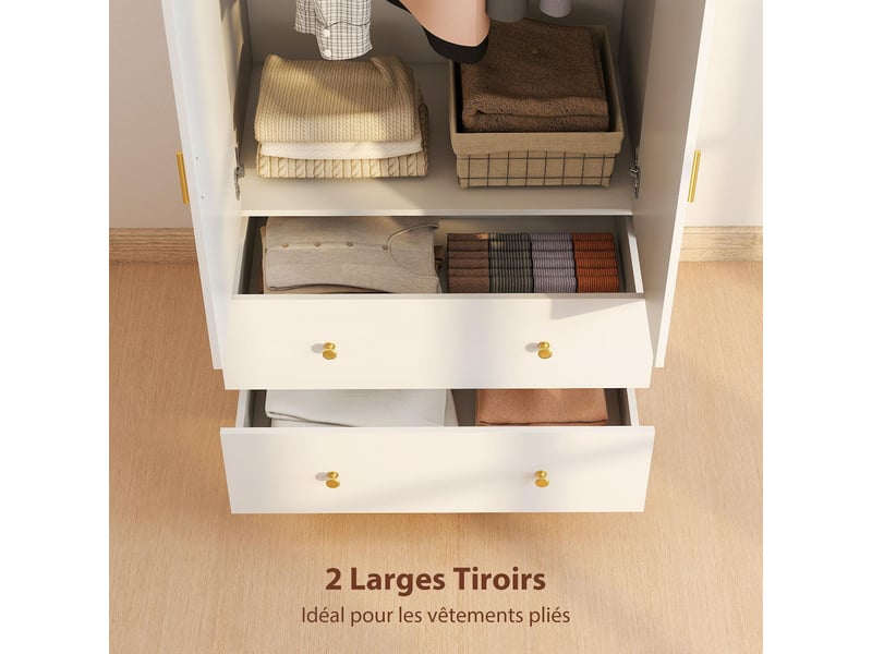  Armoire penderie avec miroir 2 portes 2 tiroirs blanc 80 x 50 x 180 cm  - Conforama E