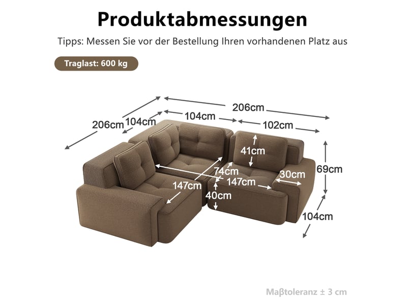 Canapé d’angle modulaire 3 places 206x206x69 cm, antiglisse, assise profonde, en velours côtelé, marron - Conforama C