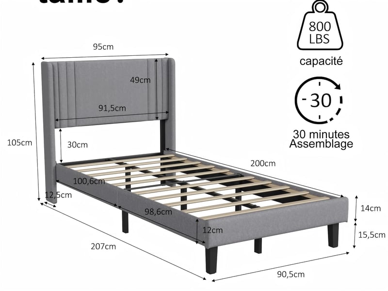  Lit coffre 140x190 cm - tissu gris avec led rgb, usb et rangement hydraulique  - Conforama C