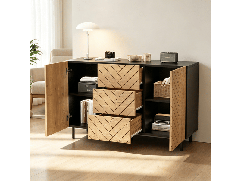  Buffet de 120 × 40 × 76 cm en aggloméré, armoires à casiers, commode avec 3 tiroirs et 2 portes pour le salon  - Conforama D