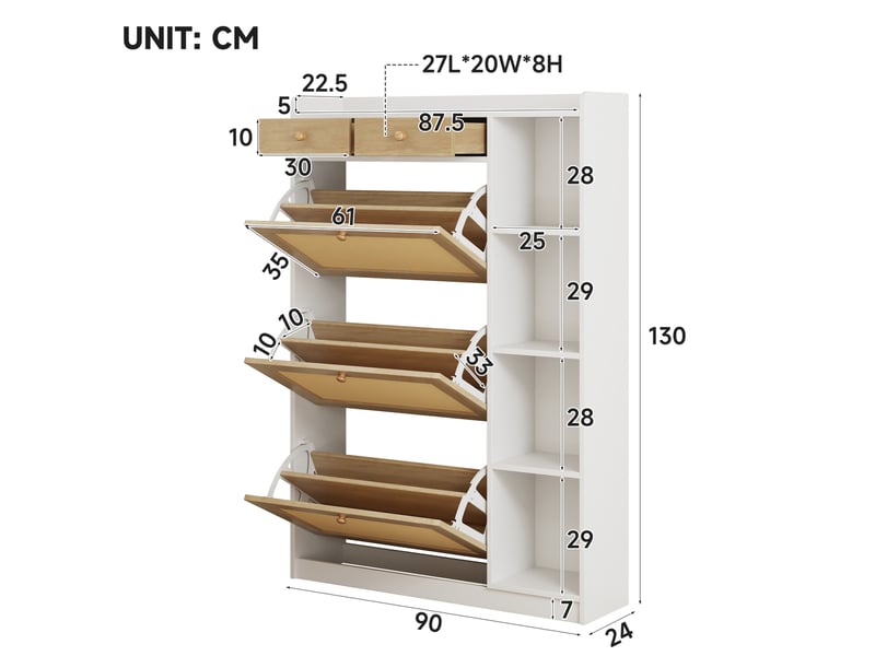  Meuble à chaussures 90x24x130 cm, 3 compartiments rabattables, 2 tiroirs, panneau de particules, blanc et naturel  - Conforama C